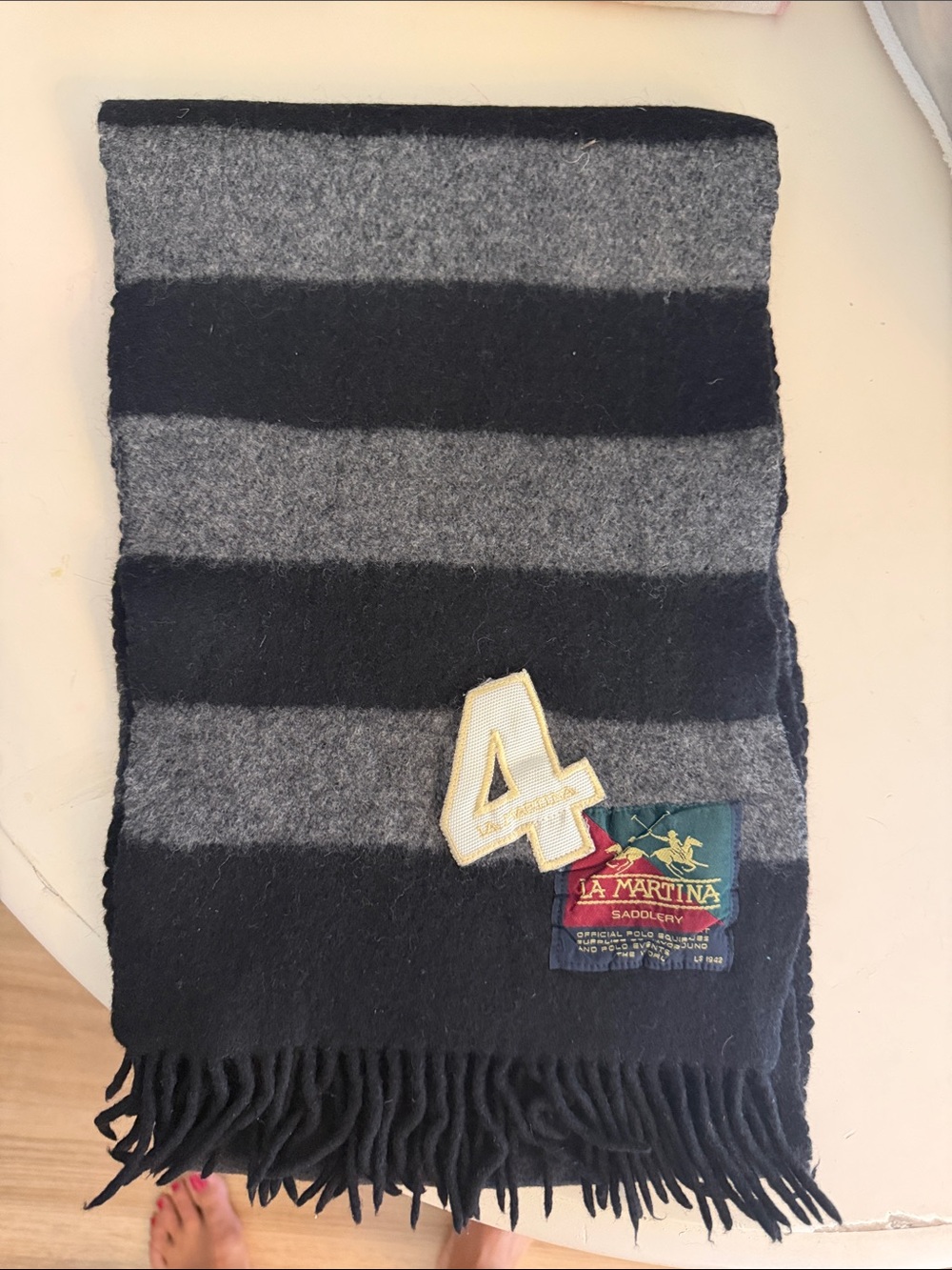 NWOT La Martina | Black & Gray Striped Wool Scarf with Number Patch